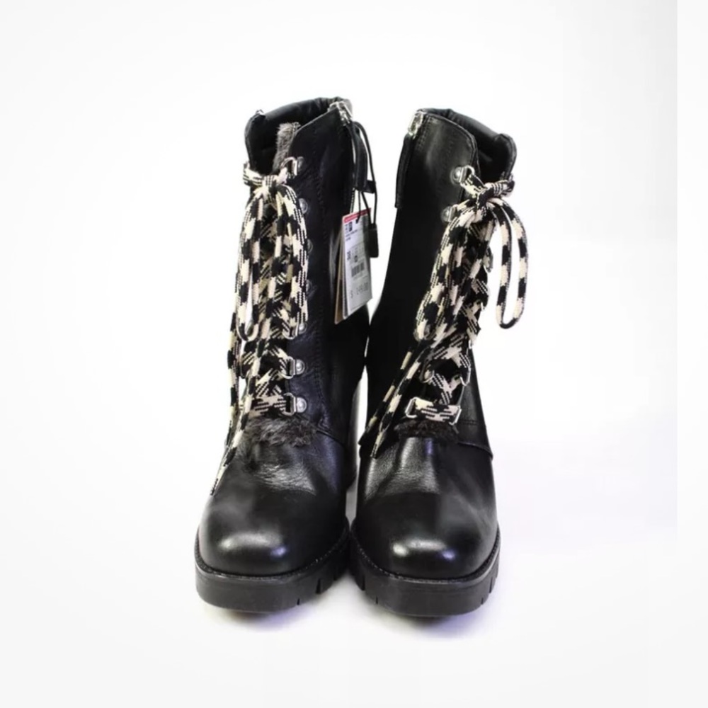 Zara Basic Collection Womens Leather High Heel Combat Boots Black Size 7.5US 38E